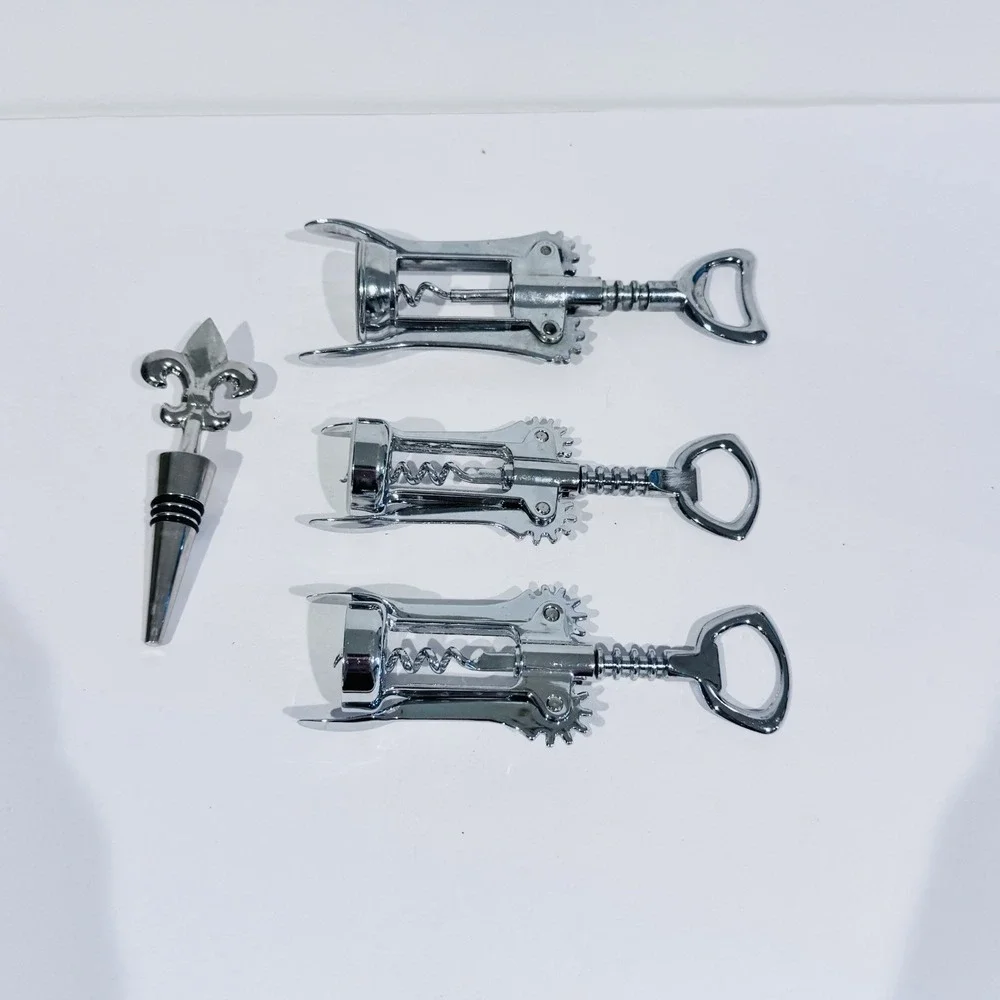 Lot Of‎ 3 Wing Cork Screw Bottle Openers & 1 Fleur De Lis Chrome Bottle Stopper